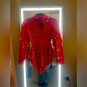 Red bedazzled women’s bodysuit. Handmade with rhinestones sewn on ❤️🩶